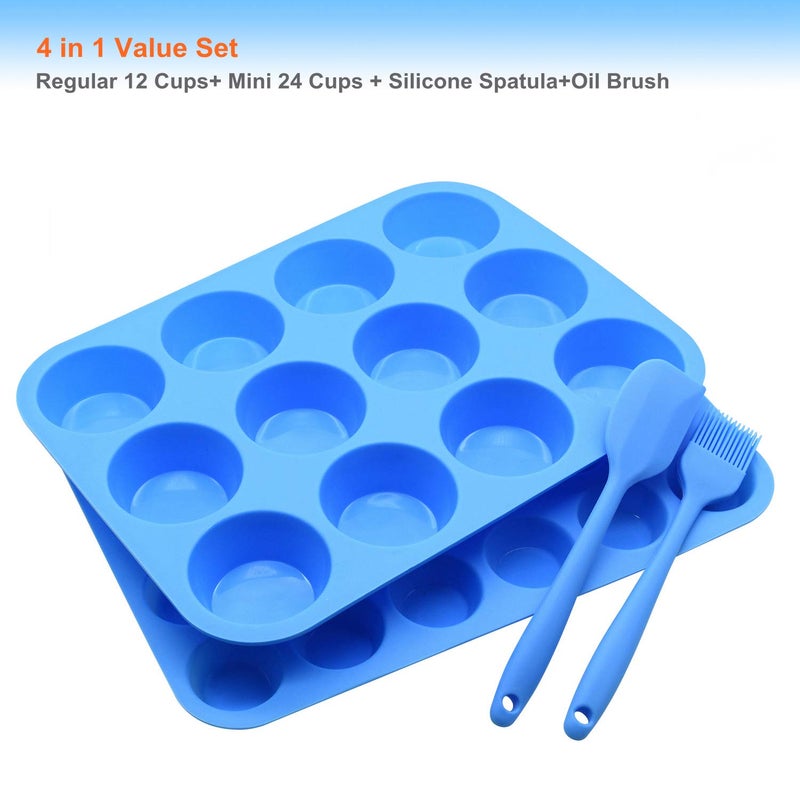 Helpcook Silicone Muffin Pan Cupcake Set â€“ Non-Stick 12 Cups and Mini 24 Cups,Silicone Baking Molds,BPA Free Muffin Tin with 1 Spatula & 1 Oil Brush (blue) - Image 2